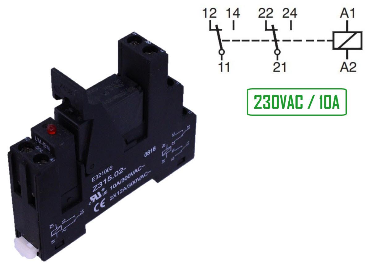 Printrelais+Sockel, 230VAC, 10A, 2CO-Kontakte, mit LED-Modul